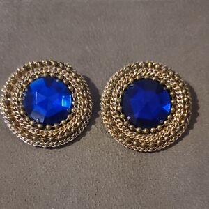 Vintage Large Gold Tone and Blue Clip Earrings